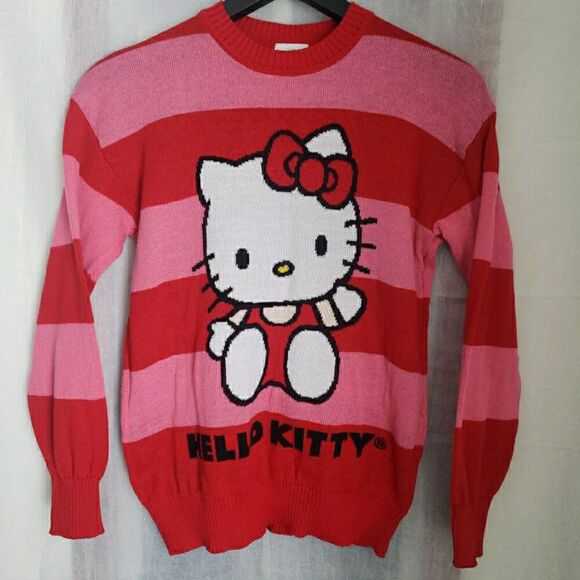 Hello Kitty Sanrio Sweater Women's XS Graphic Red Striped Knit Jumper Crewneck - Picture 1 of 8